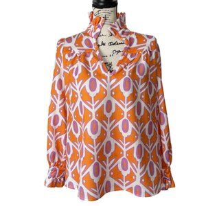 CK Bradley Womens Aspen Blouse Size M Top Ruffle-Neck Long Sleeve Orange Pink